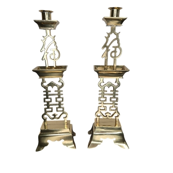 Set Of 2 Vintage 15" Tall Brass Chinese Candle Holders, Chinoiserie Candlesticks - Picture 6 of 15